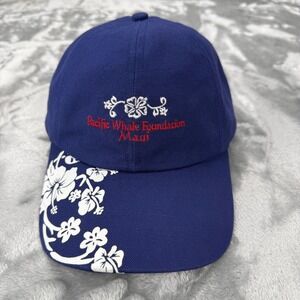 Club Med Pacific Whale Foundation Maui Hat Navy Blue Floral Hibiscus Cotton Cap